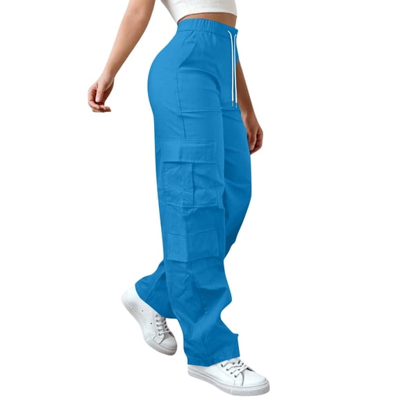 Women’s High Waisted Cargo Pants Loose Fit Straight Leg Utility Trousers With Pockets Casual Work Outdoor Hiking Pants Blue S