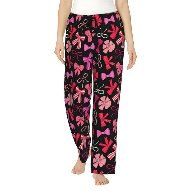 Balery Various pink and red Bow knots Pantalones de pijama para mujer, pijamas ultraligeros, pantalones de estar por casa-Small