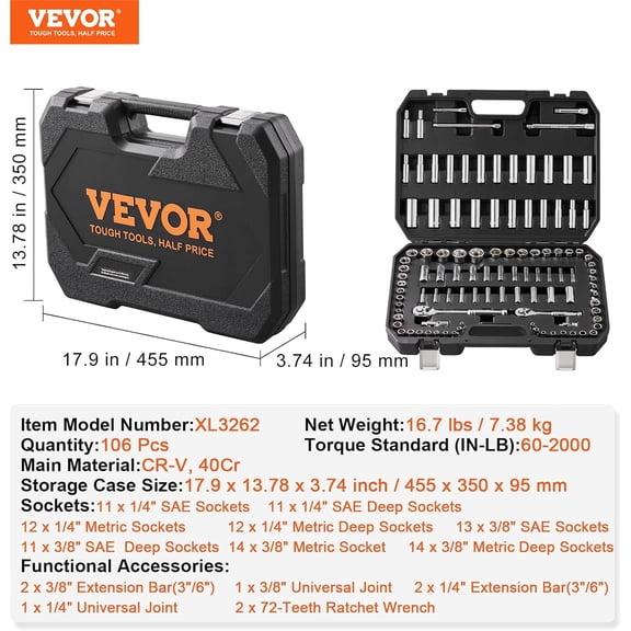 Socket Set, 1/4" and 3/8" Drive Socket and Ratchet Set, 6-Point Socket Opening, 106 Pcs Tool Set SAE and Metric, Deep and Standard Sockets, 5/32-1 in, 5-19 mm, with Accessories, Storage Case
