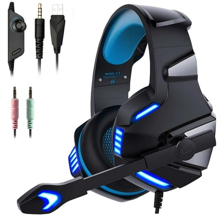 Wired Gaming Headset for PS5 PS4 PC Xbox One with Noise Cancelling Microphone, Over Ear Gaming Headphones Support Nintendo Xbox Series X|S - V3 Blue Black