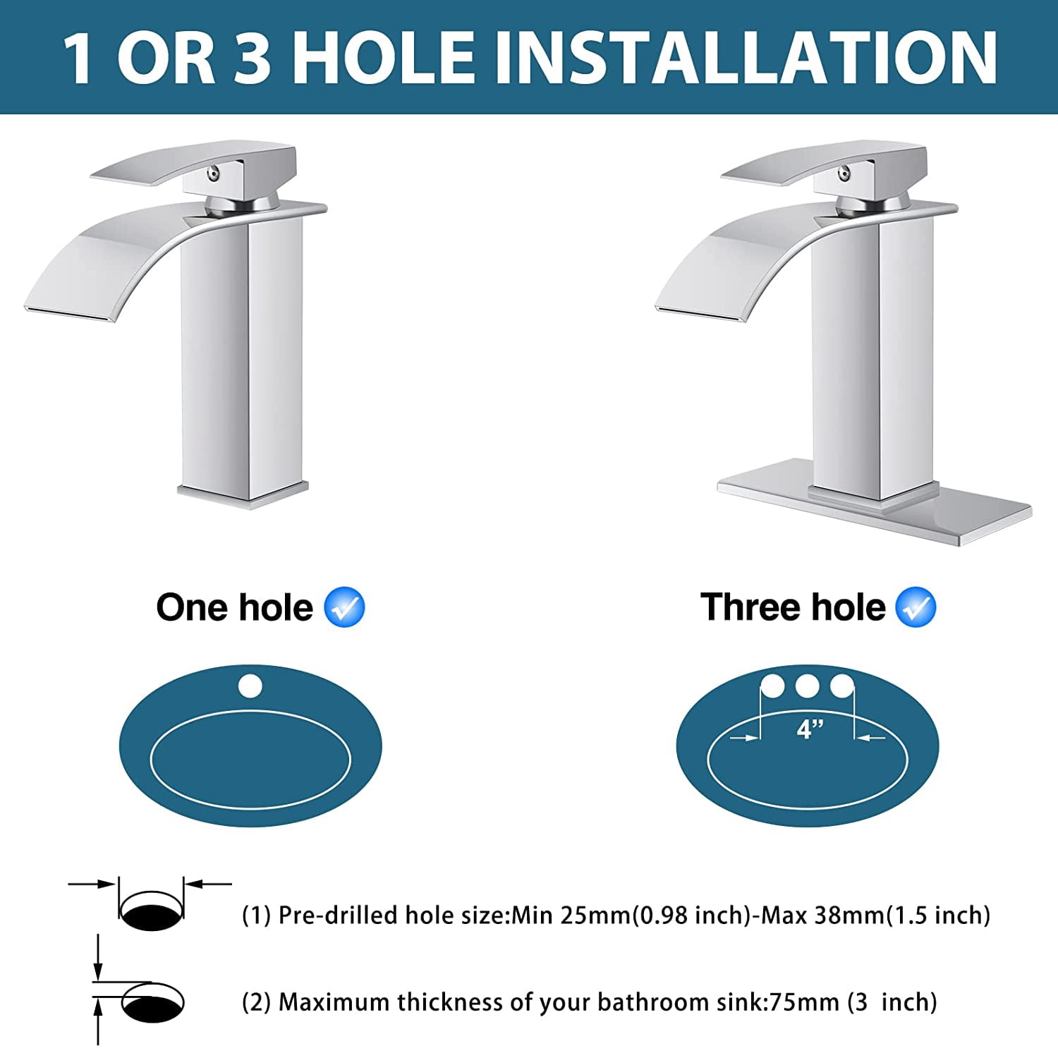 gotonovo Waterfall Spout Bathroom Sink Faucet Polish Chrome Single Handle 1 Hole Deck Mount Basin Mixer Tap with Deck Plate Lavatory Vanity Sink Faucet Solid Brass Include Pop Up Drain with Overflow