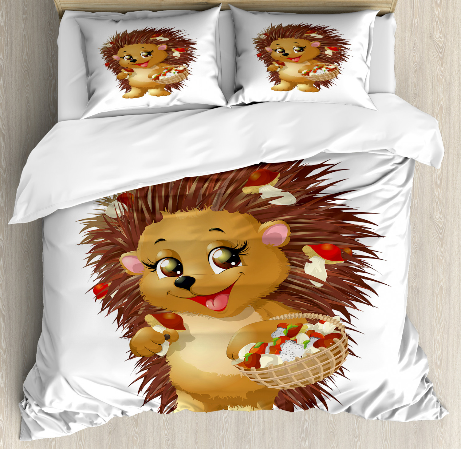 Hedgehog Duvet Cover Set, Hedgehog Holding Mushroom with a Basket of