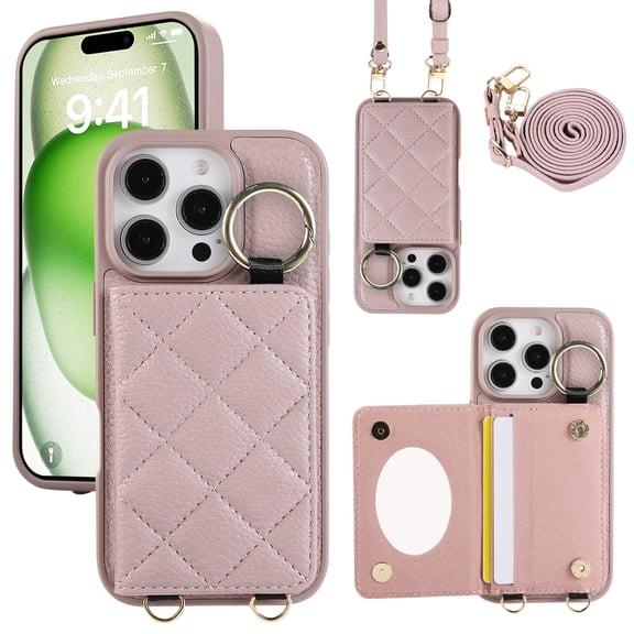 Crossbody Wallet Case for iPhone 16 Pro with Make-up Mirror, PU Leather Lanyard Purse Magnetic Clasp Card Holder, Flip Kickstand Shockproof Phone Cover for iPhone 16 Pro, Purple