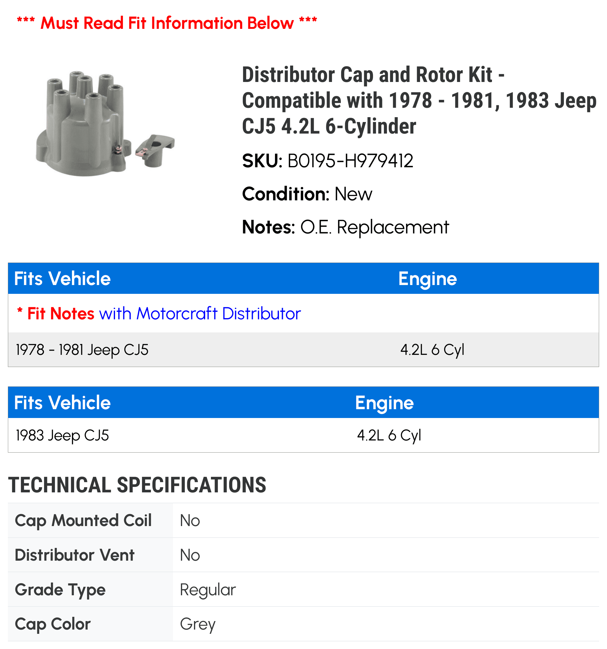 Distributor Cap and Rotor Kit - Compatible with 1978 - 1981, 1983 Jeep CJ5 4.2L 6-Cylinder 1979 1980