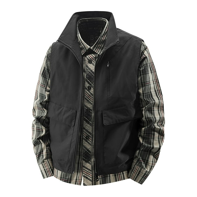 Men's Work Jacket with Standing Collar and Multiple Pockets for Outdoor Photography and Sports - Sleeveless Vest Design