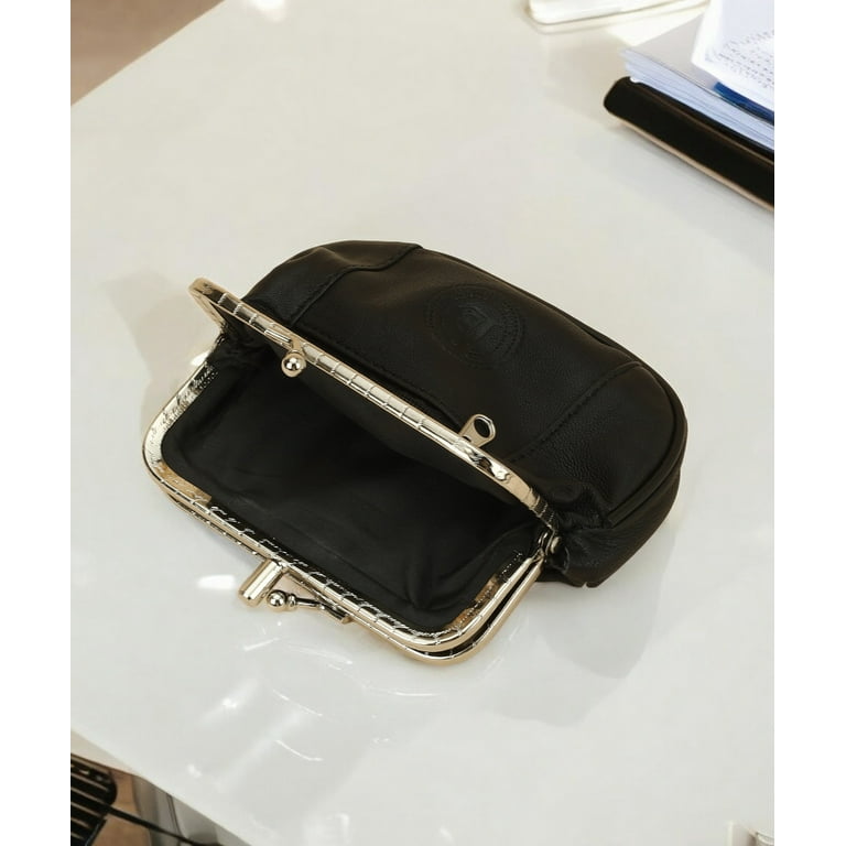 Leatherboss Women s Genuine Leather Metal Frame Double Clasp Zipper Coin Purse