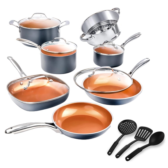 Gotham Steel 15 Piece Ceramic Cookware Set, Nonstick, Nontoxic, Oven & Dishwasher Safe, Stay Cool Handles Ceramic Cookware Set, Copper