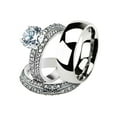 thumbnail image 1 of His and Her 3pc Stainless Steel 3.25 Ct Cz Bridal Set and Men's Classic Wedding Band Women's Size 10 Men's 08mm Size 12, 1 of 6