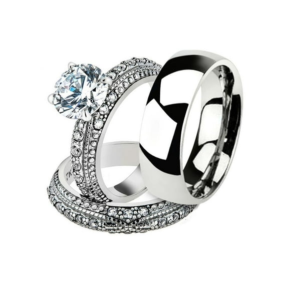 His and Her 3pc Stainless Steel 3.25 Ct Cz Bridal Set and Men's Classic Wedding Band Women's Size 10 Men's 08mm Size 12