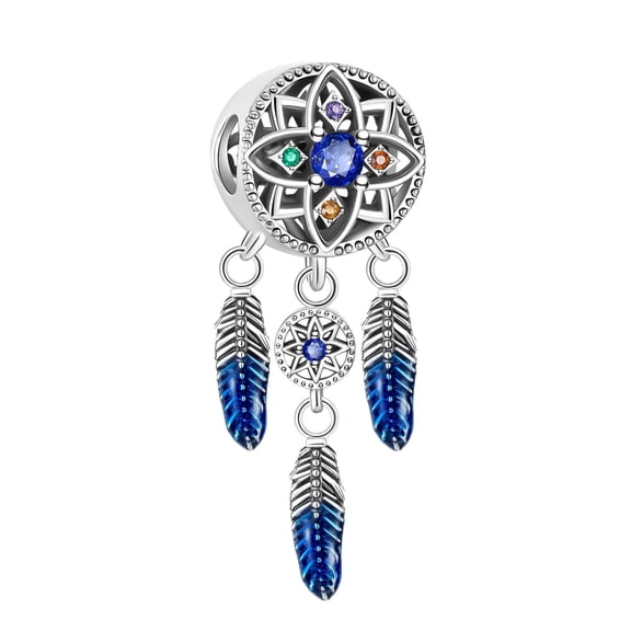 ARVALILS 925 Sterling Silver Dreamcatcher Charm with Blue Enamel Feathers & CZ Stones, Pendant for Women's Bracelets & Necklaces