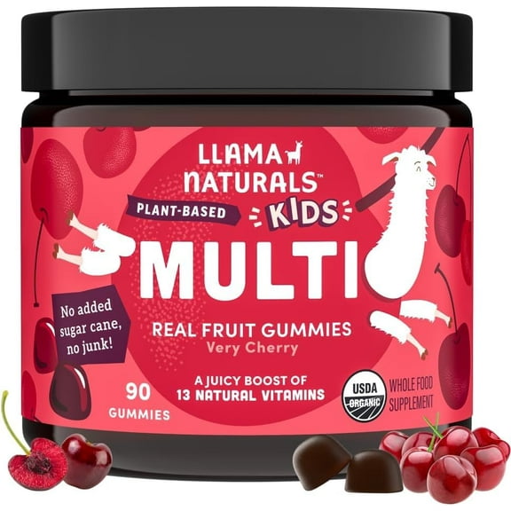 Llama Naturals Kids Multivitamin Gummies, Vegan, Organic with Vitamin D, C & K, Toddler Real Fruit Gummy Vitamins, Chewable Supplement, Whole Food Multivitamin, No Added Sugar Cane, Cherry, 90 Ct