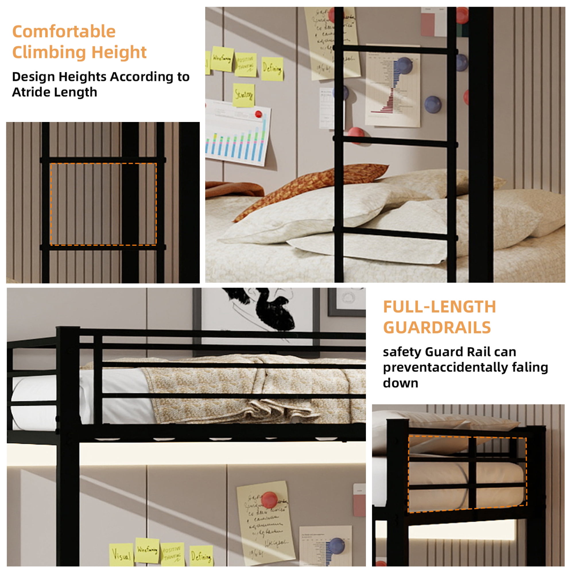 Queen over Queen Bunk Bed with Trundle, Heavy-Duty Metal Bunk Bedframe with Ladder and Full-Length Guardrails for Kids Teens Adults, No Box Spring Needed