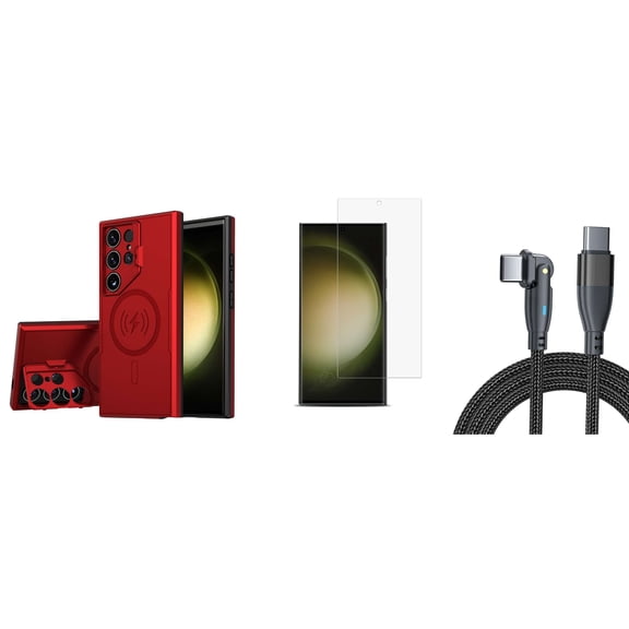 Bolt Alloy Series Case for Samsung Galaxy S24 Ultra with Glass Screen Protector, USB C Cable - Titan Red