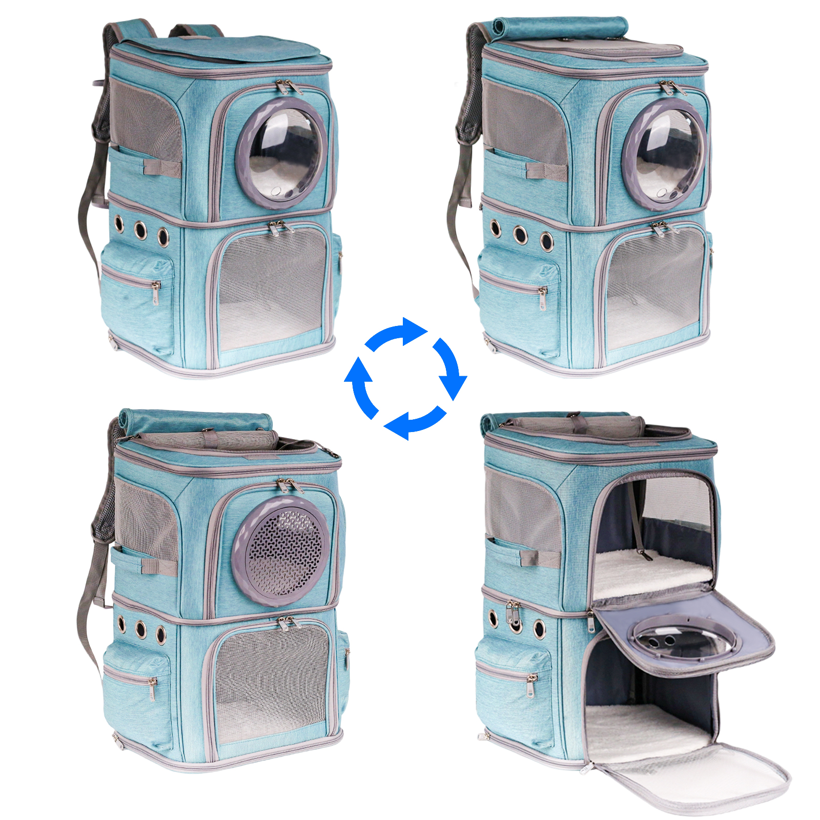 2-in-1 Pet Carrier Backpack for Two Cats or One Dog, Green Double-Layer 2 Compartment Carry Bag to Transport Small Animals Traveling and Hiking, Space Capsule Clear Bubble Dome