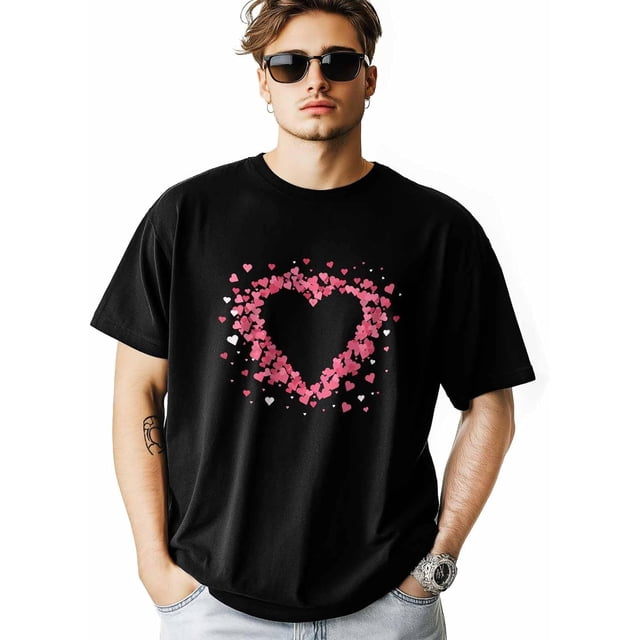 Camisetas para hombre, camiseta romántica de algodón con cuello redondo y corazones rosas, manga corta para hombre, San Valentín, corazón de amor.