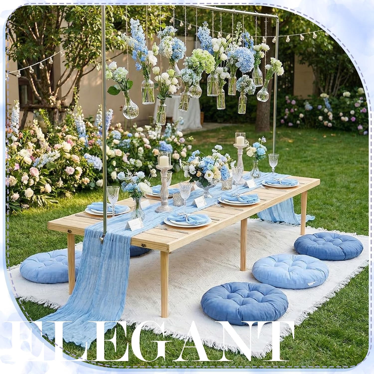 91 x 71'' Extra Large Outdoor Picnic Blanket with Blue Picnics Table Runner 6 Napkins and 6 Blue Floor Pillows Cushions for Picnic Party Camping Wedding Bachelorette Birthday Baby Shower Decor