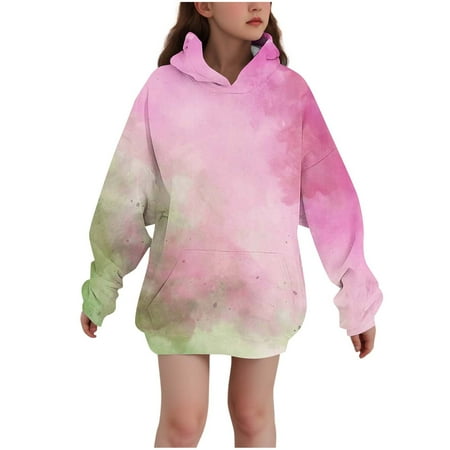 SERTG Kids Winter Top Gradient Glitter Casual Printed Hoodie Long Sleeves with Pockets Hoodie Top for Children 3-14 Years(Hot Pink 13-14 Years)