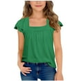 thumbnail image 2 of BRGZLK Girls Ruffle Sleeve Shirts Summer Trendy Solid Color Casual Tees Loose Cute Versatile Round Neck Short Sleeve Top Green 5-6 Years, 2 of 6