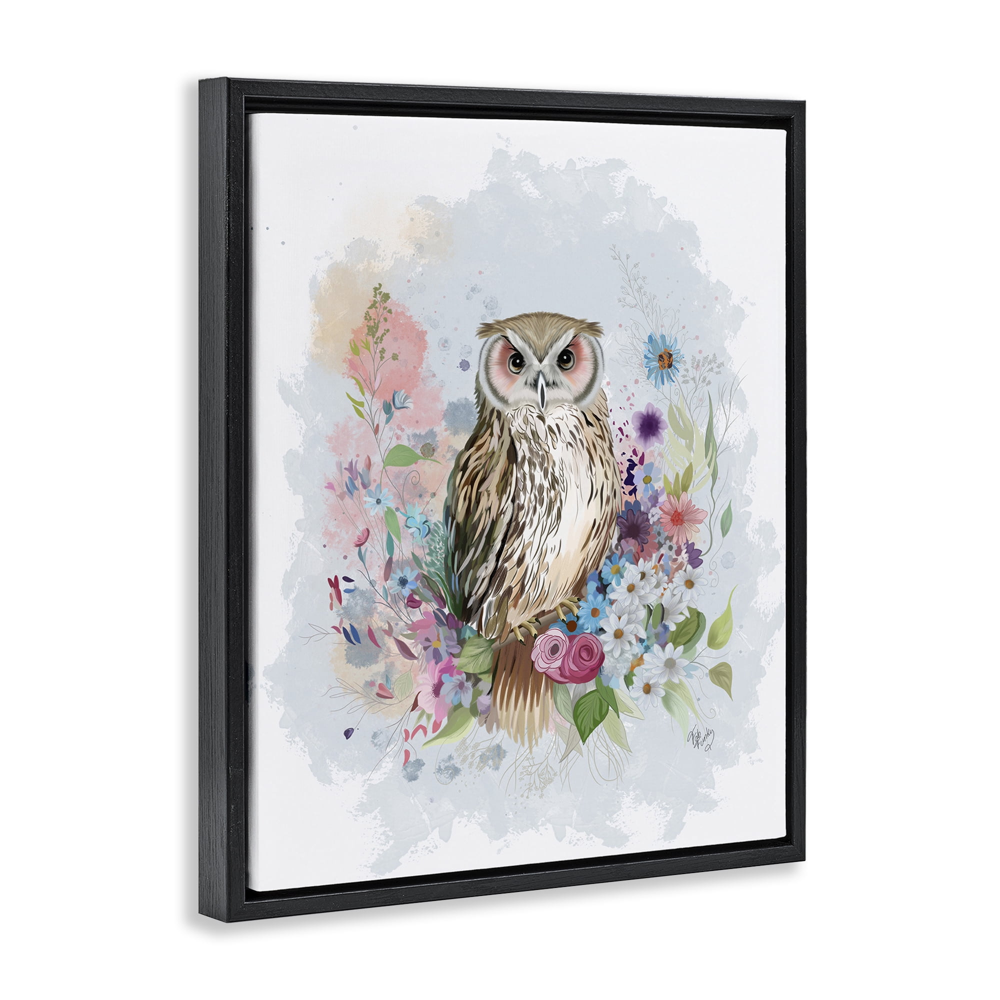 Stupell Industries Owl & Floral Garland Animals & Insects Painting Black Floater Framed Canvas Art Print Wall Art, 17 x 21