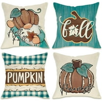 Hello Fall Pumpkin Gnome Decorative Throw Pillow Covers 18 x 18 Set of 4, Autumn Harvest Teal Blue Plaid Check Porch Outdoor Pillowcase, Maple Leaves Farmhouse Rustic Cushion Case Home Decor