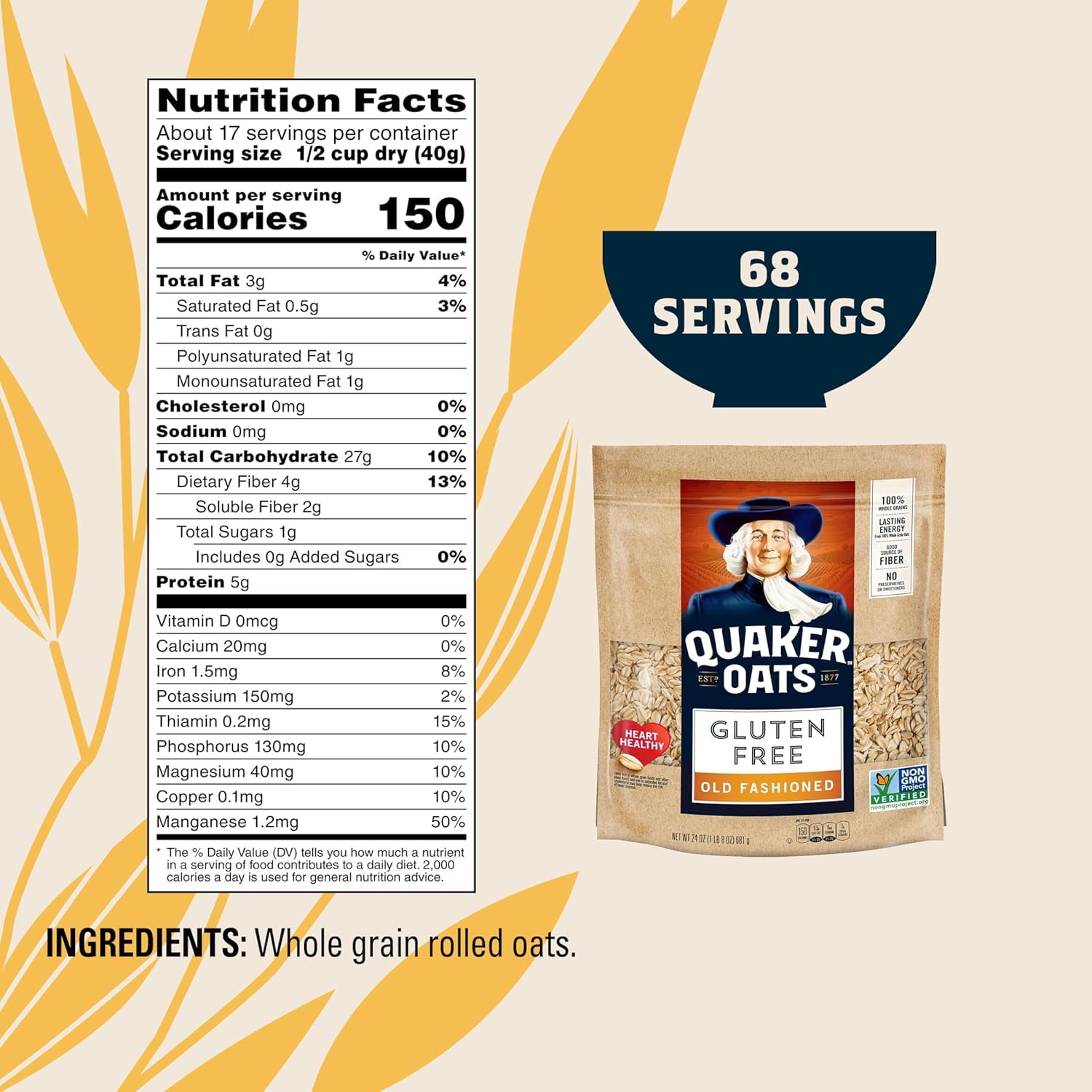 Quaker Old Fashioned Oatmeal, Gluten Free, 4 - 1.5lb Bags