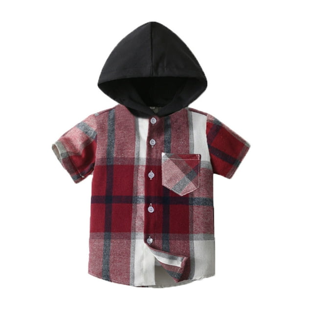 Sunnyoo Chemise à Carreaux à Manches Courtes avec Capuchon pour Garçons, Chemise Boutonnée Décontractée d'Été, Rouge
