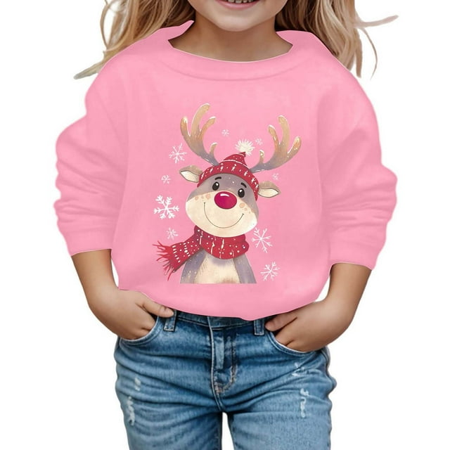 Wdgfv Chandail à Col Rond à Manches Longues pour Filles, Doux et Décontracté, Haut à Enfiler pour la Saison des Fêtes, Tenue Confortable, Rose, 6-7 Ans