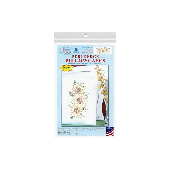 Jack Dempsey Pillowcase Perle Edge White Golden Sunflowers