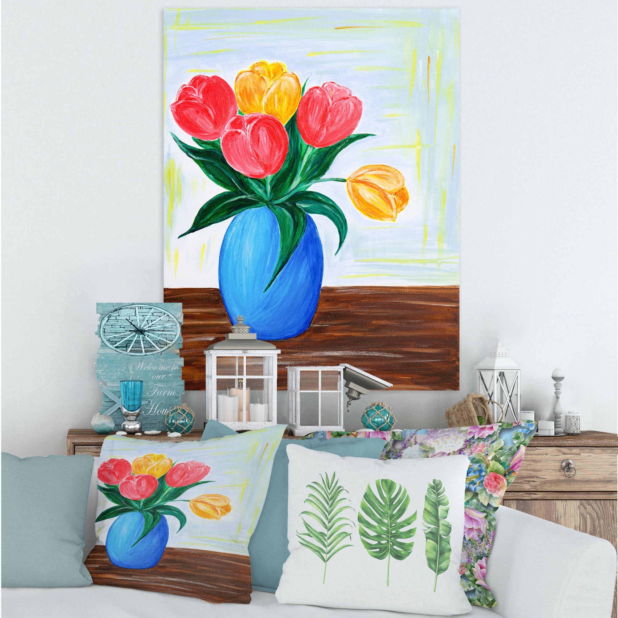 Designart ' Bouquet Of Orange and Red Tulips In A Vase ' Traditional Canvas Wall Art Print