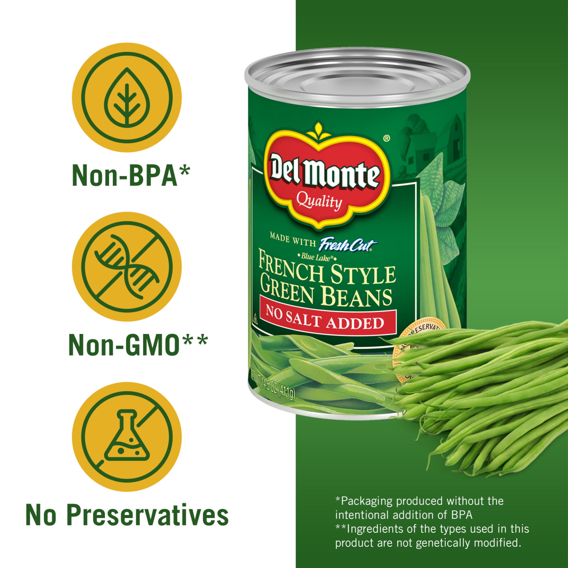 (12 pack) (12 pack) Del Monte Blue Lake No Salt Added French Style Green Beans, Canned Vegetables, 14.5 oz Can