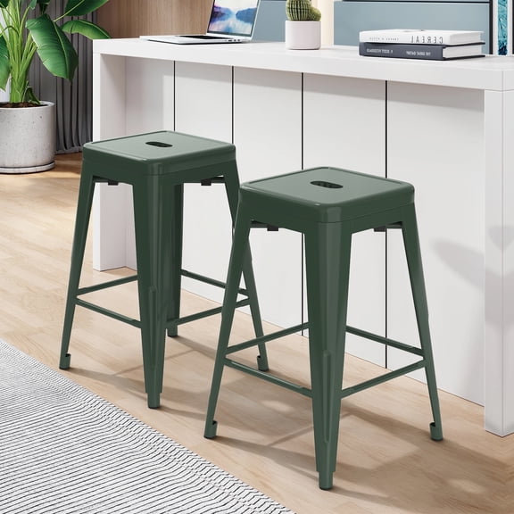 24 Inch Metal Bar Stools Set of 2, Counter Height Backless Stools, Stackable Indoor Outdoor Industrial Bar Stools(Deep Green)