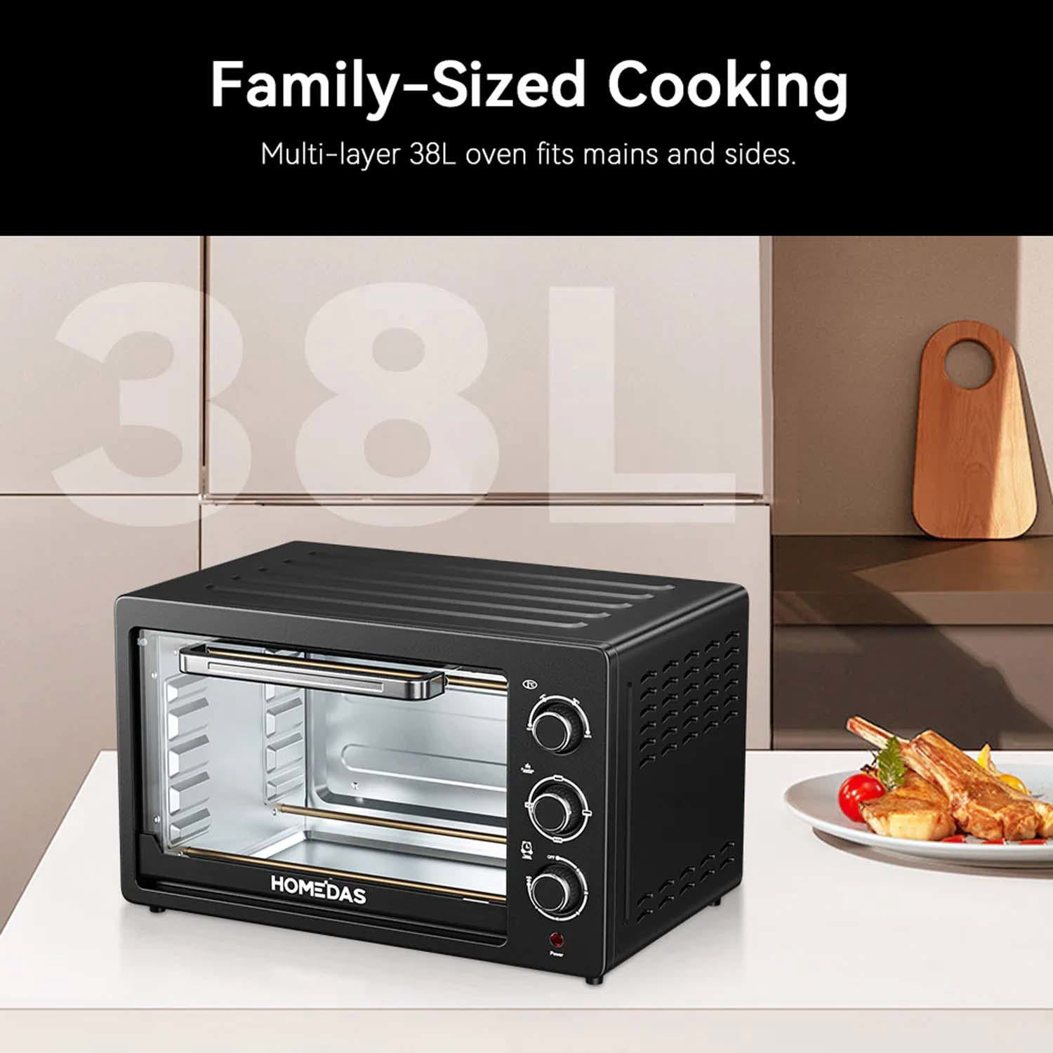 HOMEDAS® 38L/33.44QT Smart Multi-Function Countertop Oven,1600W XL Capacity Toaster Oven, 3-in-1 Countertop Oven with Bake/Toast/Broil Functions,Includes Baking Rack and Pan, Black, New