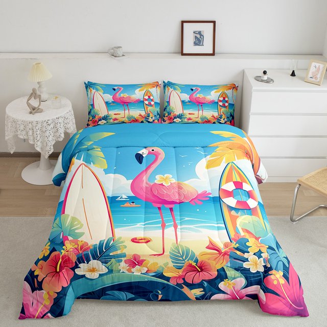 Erosebridal Summer Beach Comforter Sets Queen Size, Cartoon Flamingo Comforters & Duvets, Tropical Plants Decor, Reversible