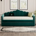 thumbnail image 4 of Twin Size Daybed with Pull-Out Trundle Bed and USB Charging Ports, Velvet Tufted Sofa Bed with Storage Pockets & Upholstered Headboard for Compact Living Spaces, Green, 4 of 9