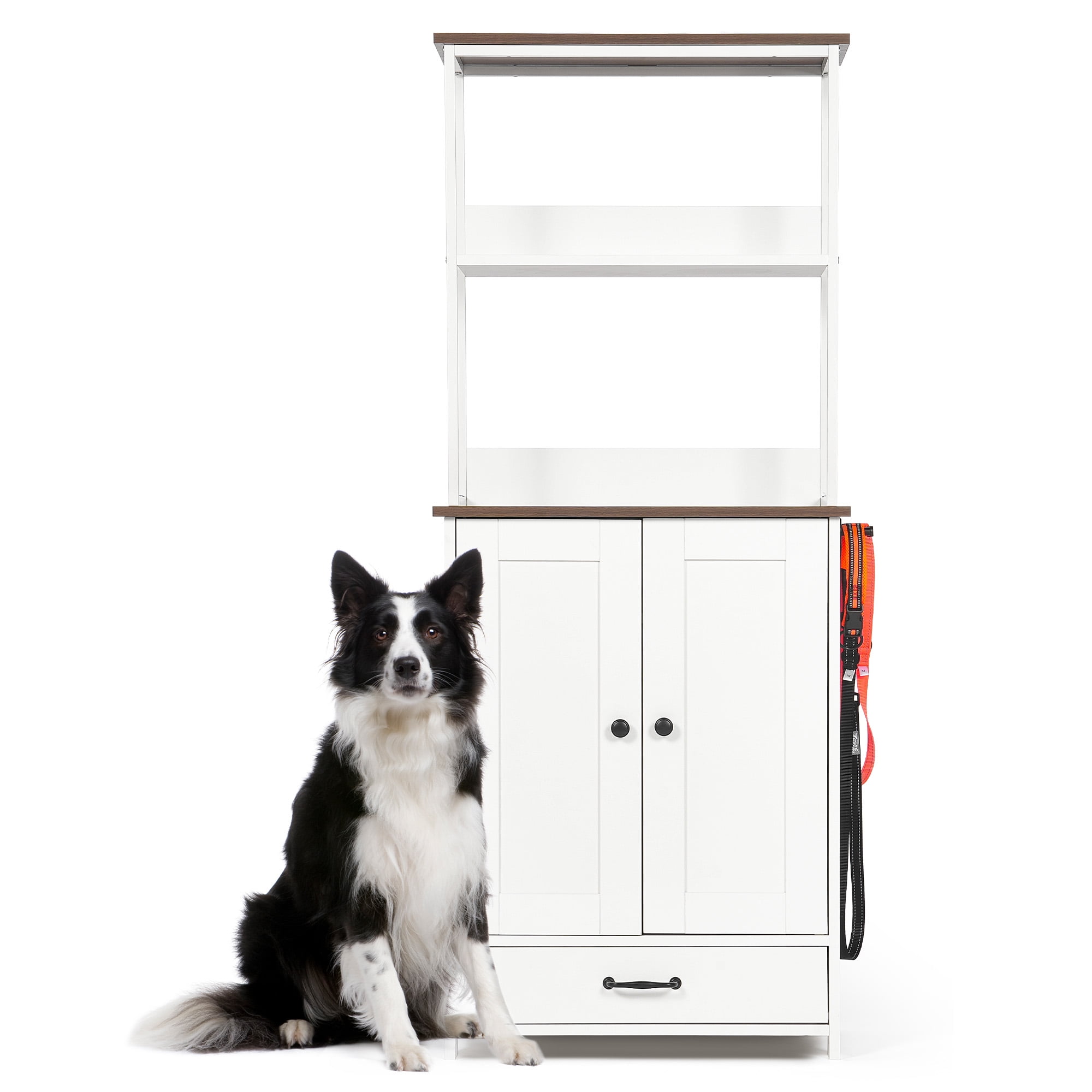 Tall Dog Feeding Station with 2-Level Storage Shelves and 2 Dog Bowls, Pet Feeder Cabinet with Pull-Out Drawer and Side Hooks, Dog Food Organizer for Cats and Dogs, White