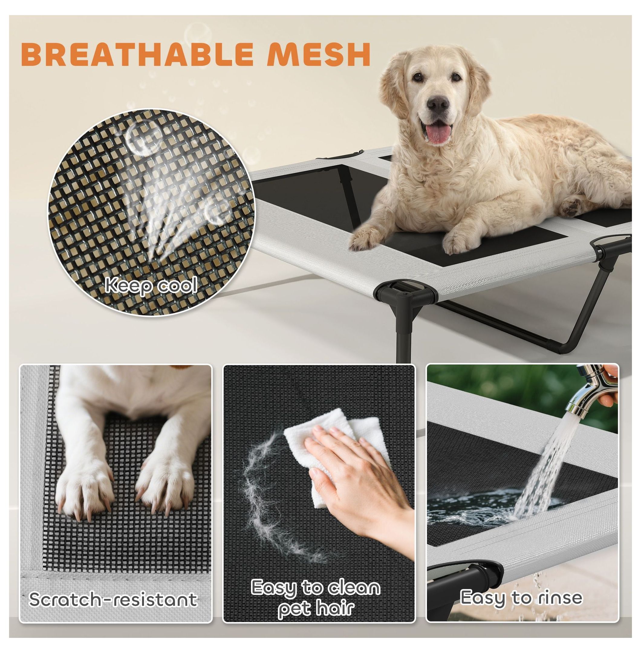 Elevated Dog Bed with Canopy, Portable Outdoor Dog Cot with Cooling Pad, 36x29.5x35in