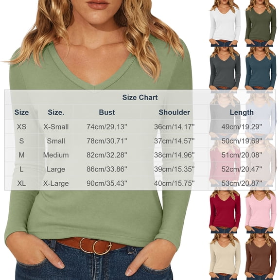 AherBiu Long Sleeve Tops for Women V Neck Slim Fitted Comfy Stretch Basic Layer Top Tees Plain Tshirt(X-Small,White)
