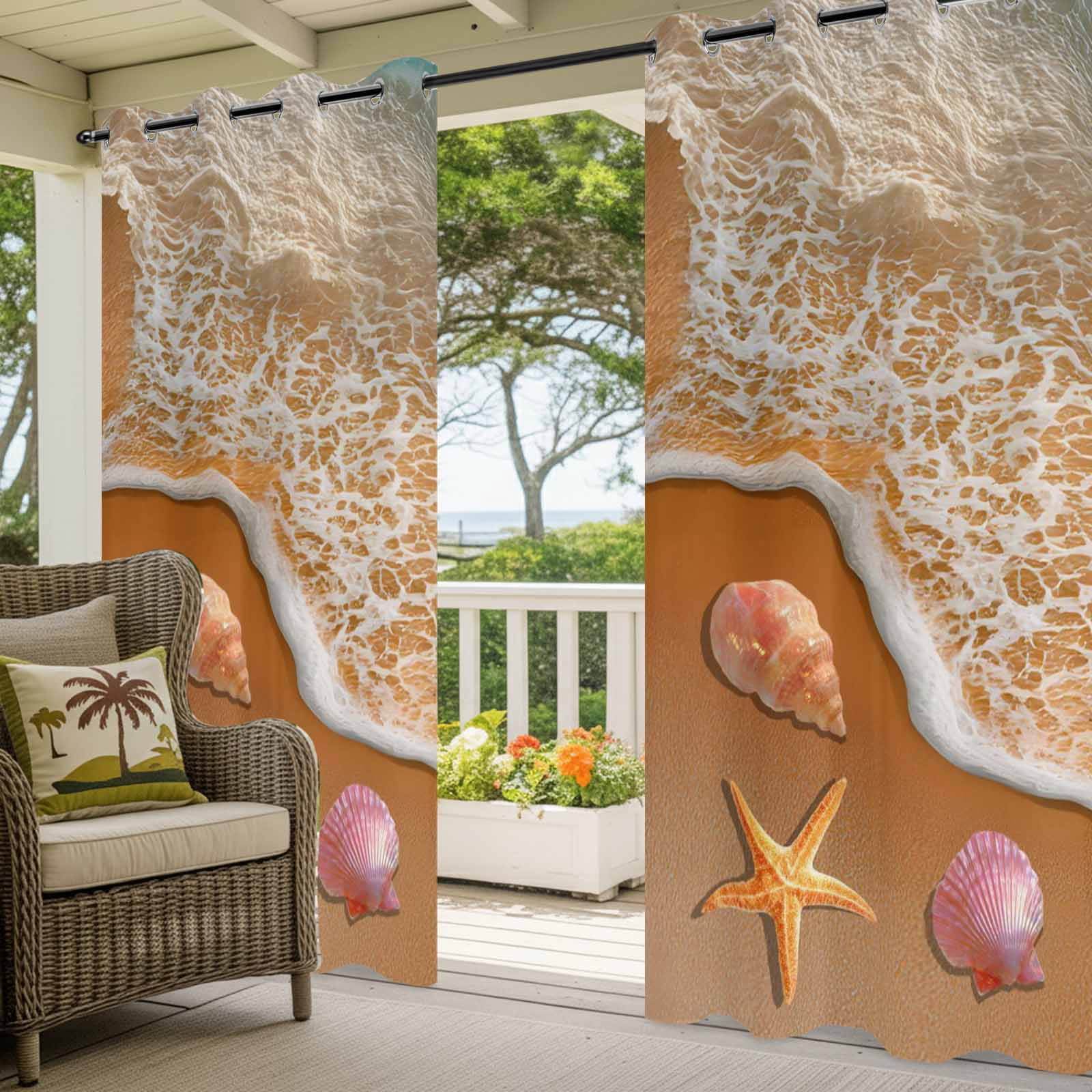 Summer Beach Outdoor Curtains for Patio, Ocean Waves Starfish Shell Conch Coastal Sunshade Privacy Drapes Grommet Waterproof Outside Curtains for Porch/Cabana/Balcony 54"x 108", 1 Panel
