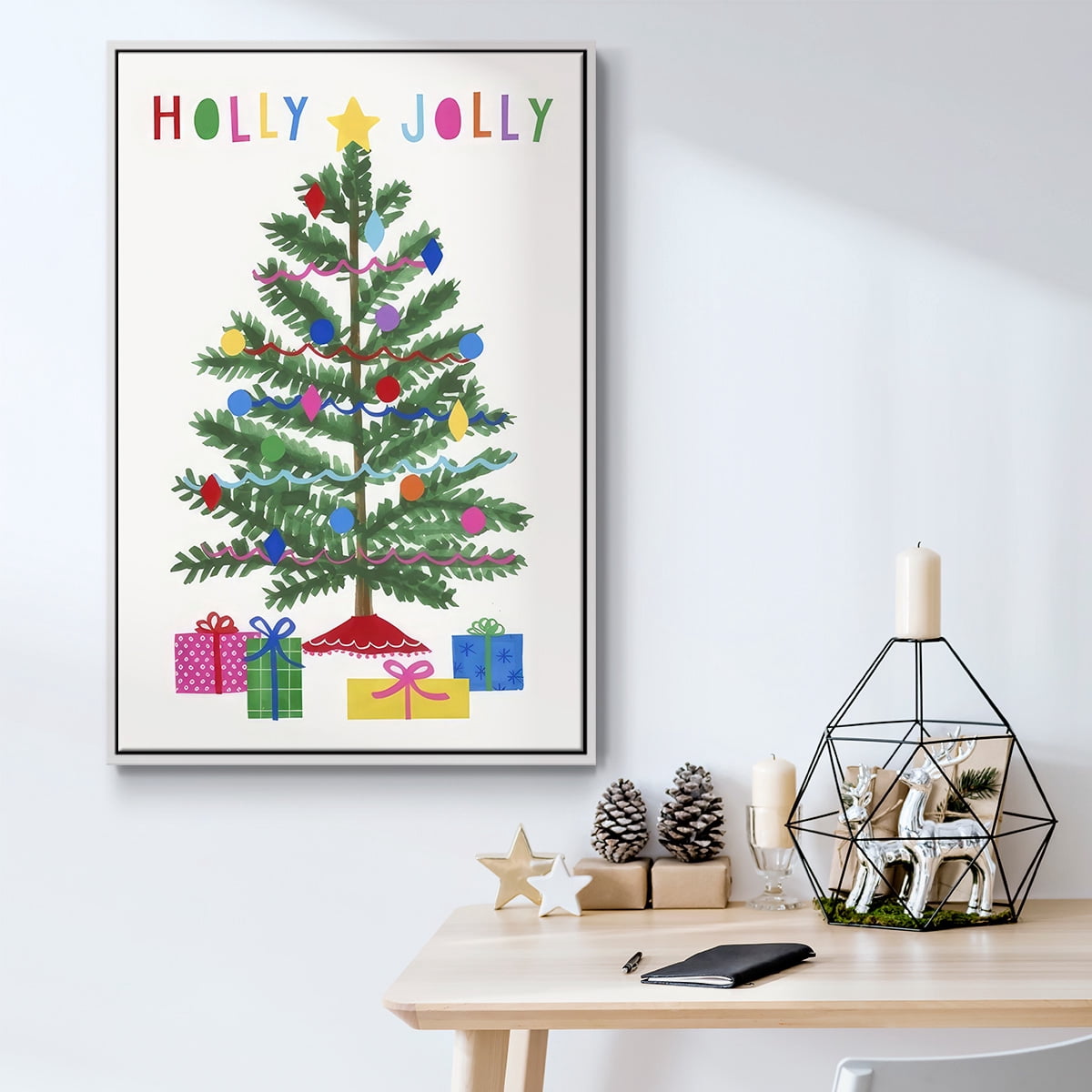 Colorful Christmas Collection B - Framed Gallery Wrapped Holiday Canvas - 27 x 41 - White Frame