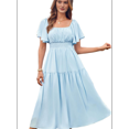 thumbnail image 3 of Women'S Summer Short Sleeve Square Neck Smocked Waist Casual Vacation Tiered Flowy Maxi Dress Light Blue M, 3 of 6