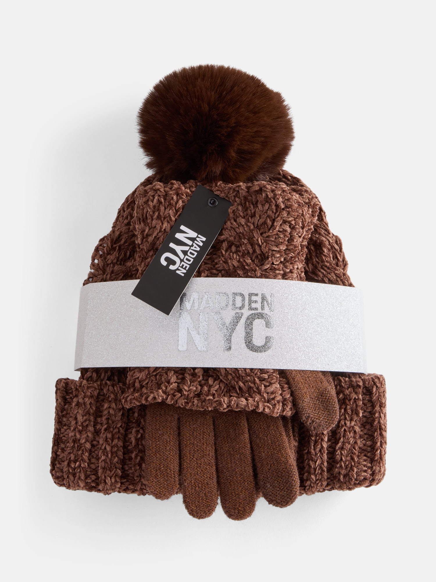 MNYC Women's 2 PC Cable Knit Chenille Beanie w/ Matching Gloves, Brown