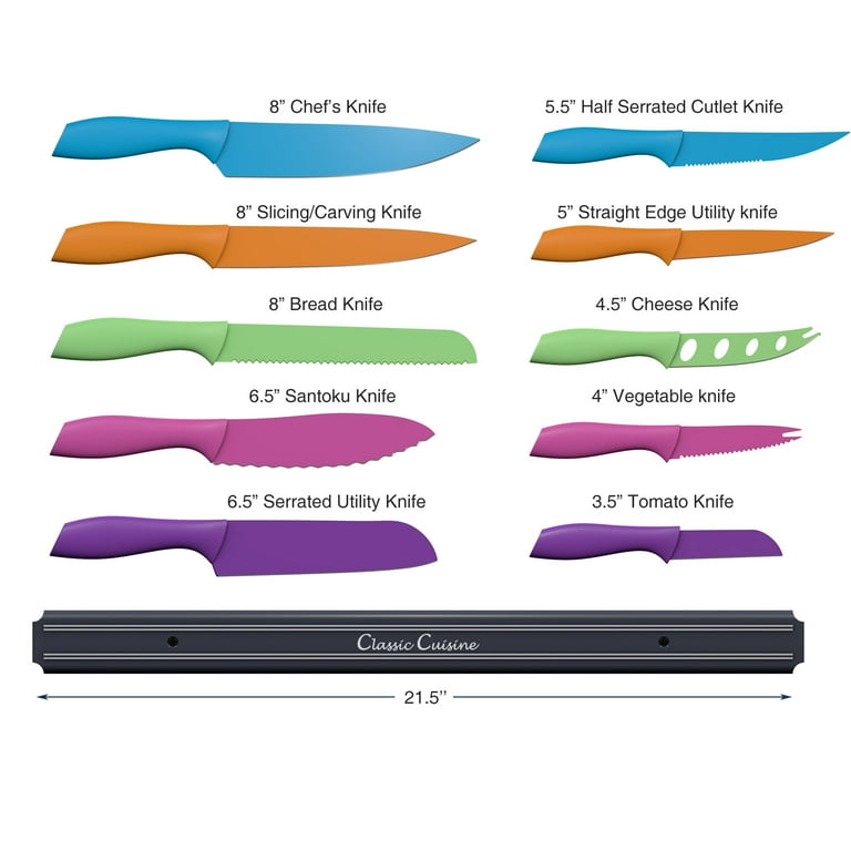 10-Piece Colorful Stainless Steel Culinary Knife Set with Magnetic Bar 10-Piece Colorful Stainless Steel Culinary Knife Set with Magnetic Bar