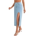 thumbnail image 4 of Falda de mezclilla de mujer INSPIRE CHIC, cintura alta, corte en A, abertura hasta el muslo, longitud midi, 2XL, azul claro, 4 of 6