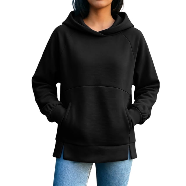 LLYWEY Sudadera con Capucha de Otoño para Mujer, Suéter de Forro Polar de Manga Larga de Color Sólido Casual para Viaje con Bolsillos Negro XL