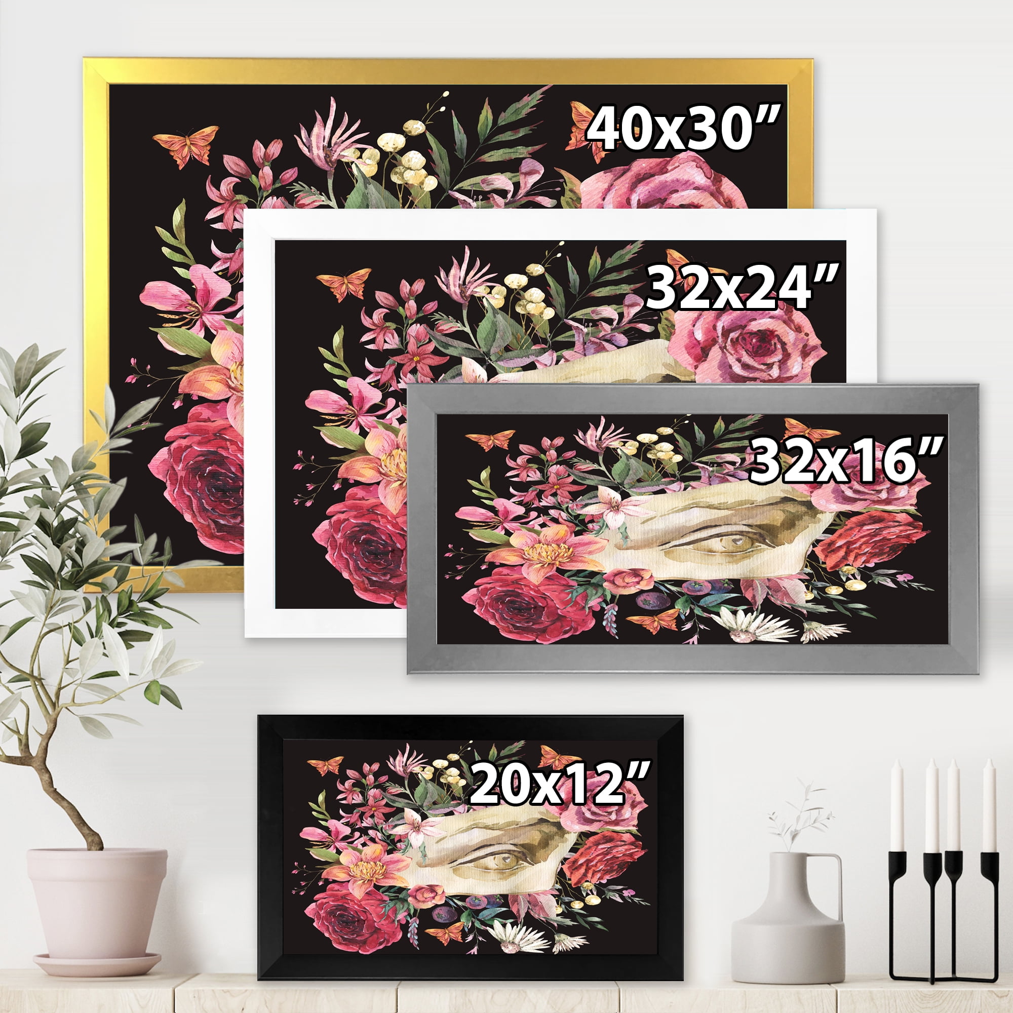Designart 'Dried Wildflowers With Greek Sculpture David Eye' Farmhouse Framed Art Print