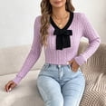 thumbnail image 5 of QIYAGBSA Womens V Neck Sweater Cable Knit Contrast Bow Detail Long Sleeve Pullover Casual Fall Winter Top (Purple L), 5 of 8