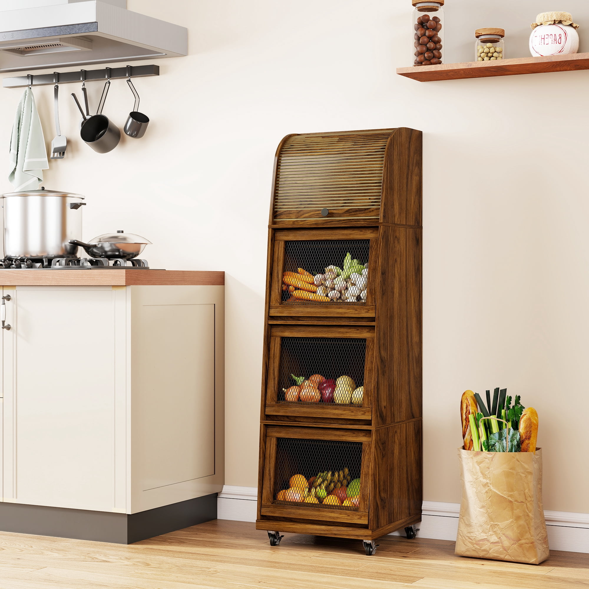 4 Tier Large Tall Potato Storage Bin with Wheel  Wood Food Small Kitchen Pantry Cabinet for Kitchen Living room