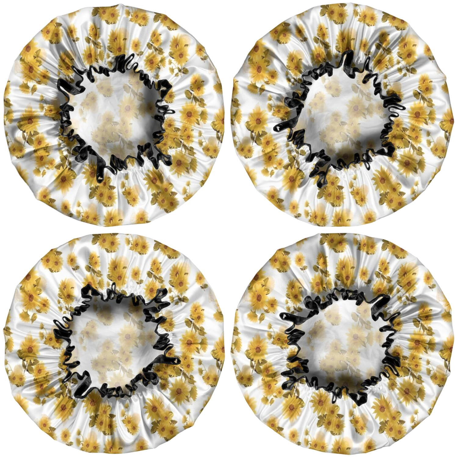 Shower Caps,White Yellow Flower Sunflower Pattern Waterproof Shower Cap for Women 4 Pieces,Double Reusable Hair Cover for Shower PEVA Elastic Stretch Hem