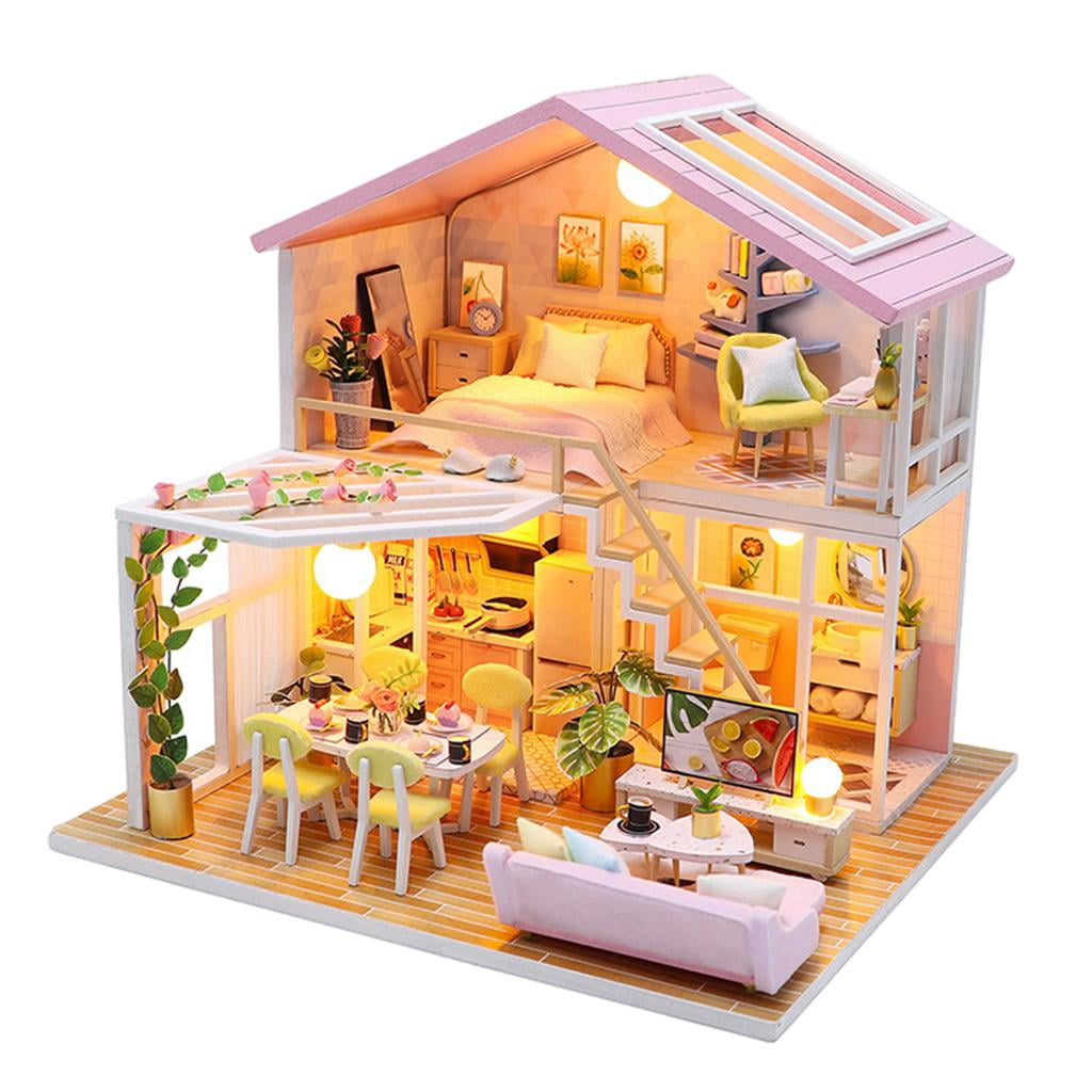 Lionlar Diy Dollhouse Kit Wooden Doll Houses Miniature Doll House Furniture Kit With Led Pink 22x17.5x19.5cm