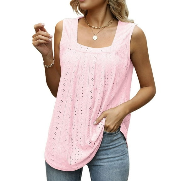 Ruffled Square Collar Tank Top Women Striped Tank Tee Summer Casual Loose Fit Sleeveless Shirt Light Pink S